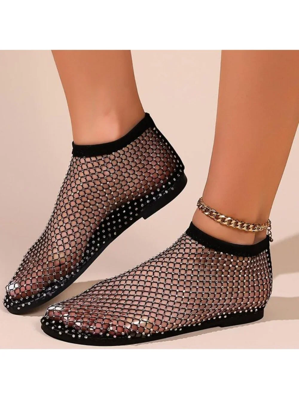 Women's Black Mesh Comfortable Fishnet Low Heel Slip on Rhinestone Flats Shoes